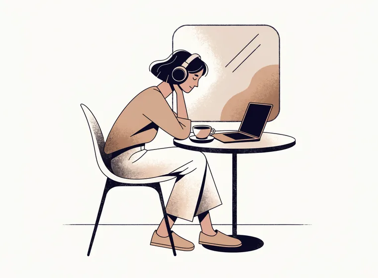 Person at a café table with headphones on