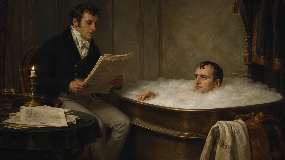 Napoleon soaking in the bath while his secretary reads the newspapers aloud to him
