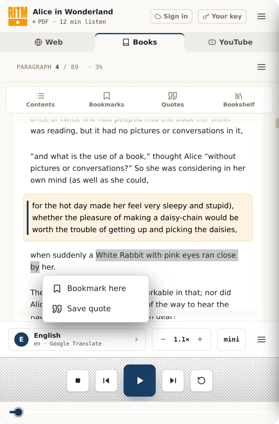 A PDF of Alice in Wonderland reading aloud, with the Bookmark here and Save quote menu over the current line