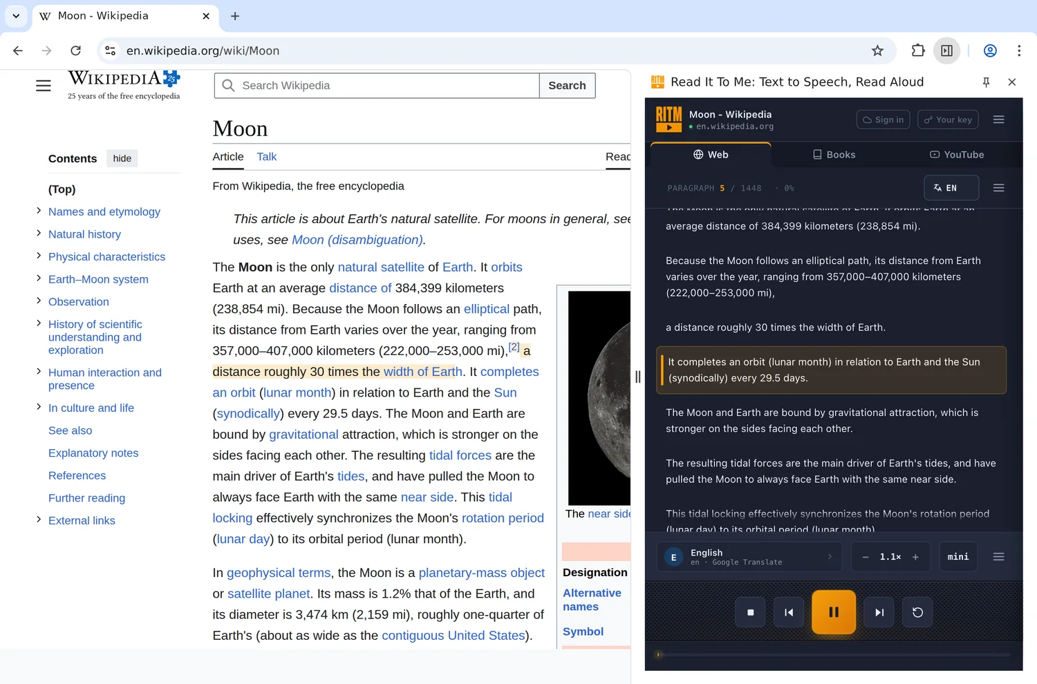 Read It To Me in Chrome: a Wikipedia article on the left, the side panel reading it aloud on the right with the current line highlighted