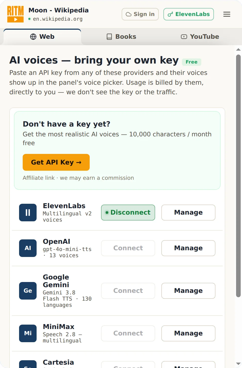 The AI voices screen in Read It To Me: connect your own key for ElevenLabs, OpenAI, Google Gemini, MiniMax or Cartesia