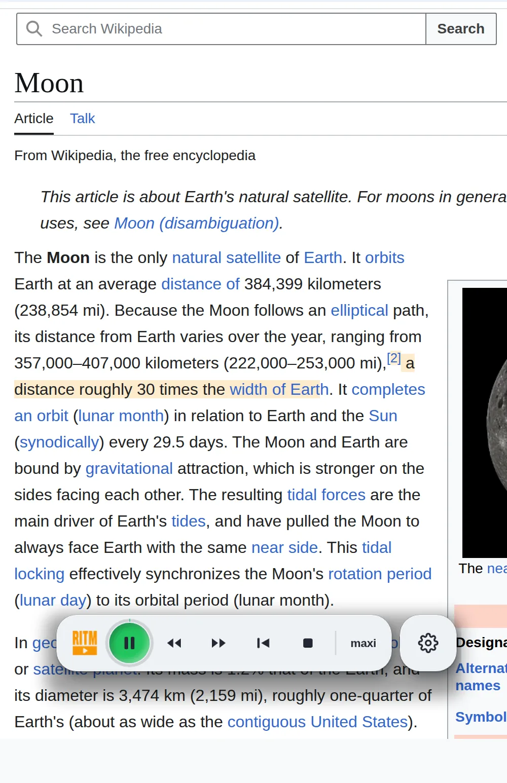 The Read It To Me mini player floating over a Wikipedia article, with play, pause, skip and stop buttons