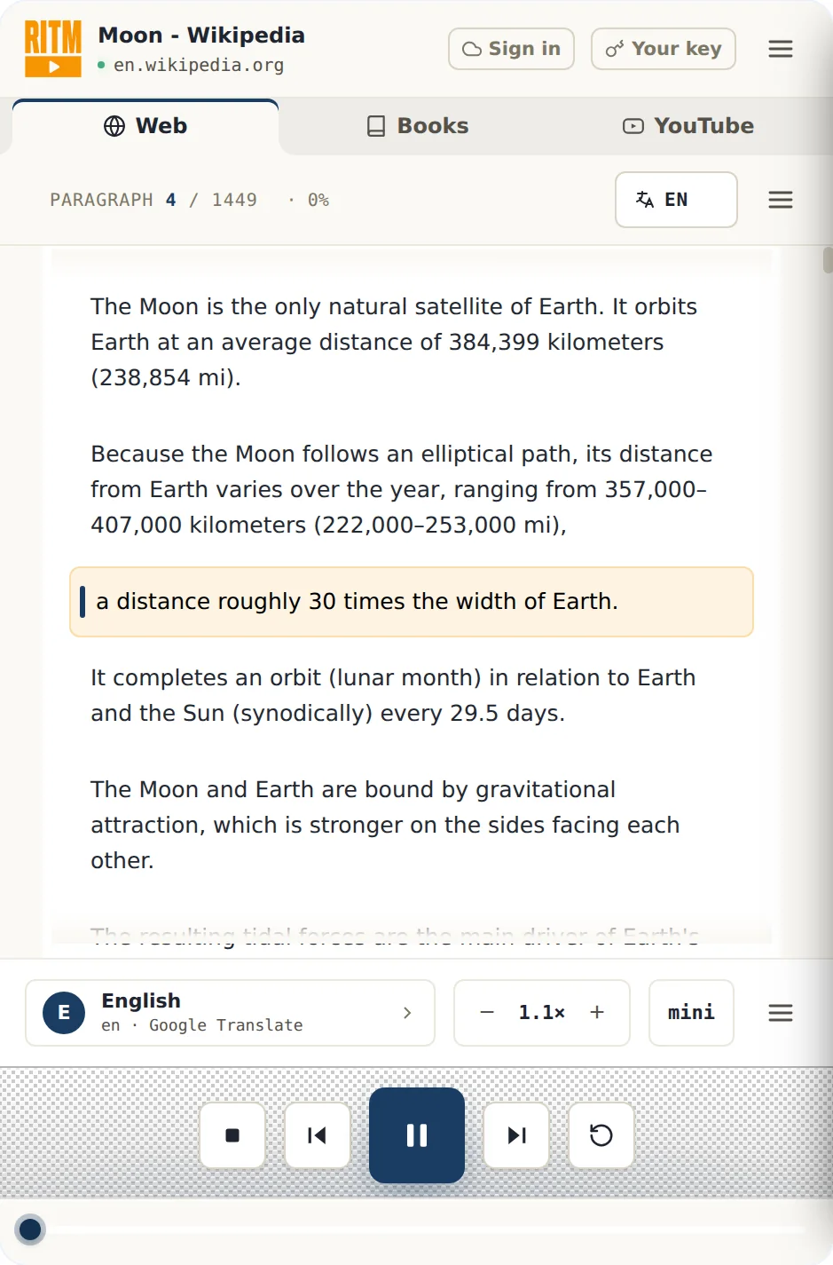 The Read It To Me side panel reading a Wikipedia article aloud, the current line highlighted, playback controls at the bottom