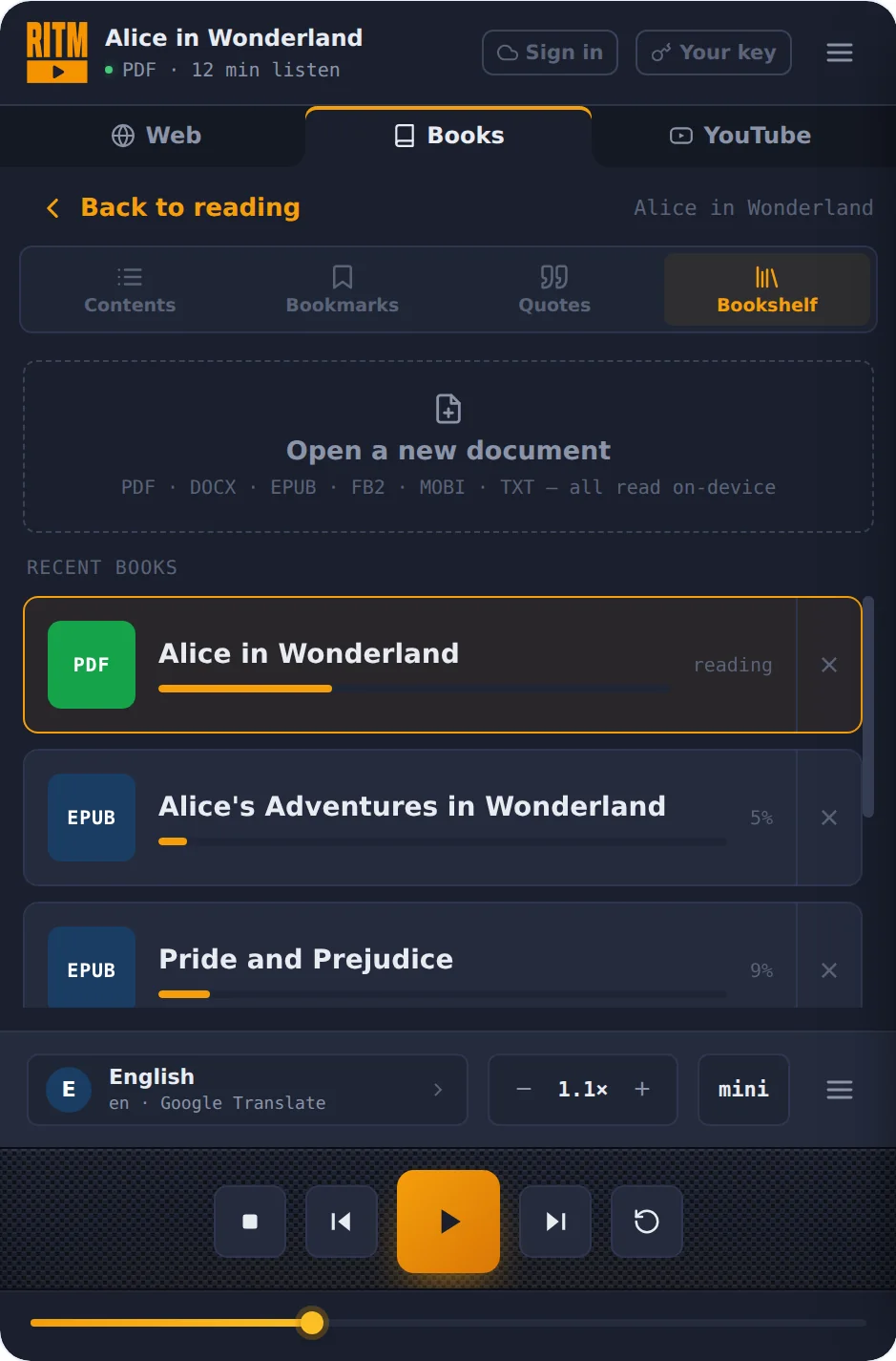 The bookshelf in dark theme: three books with reading progress and a button to open a new document