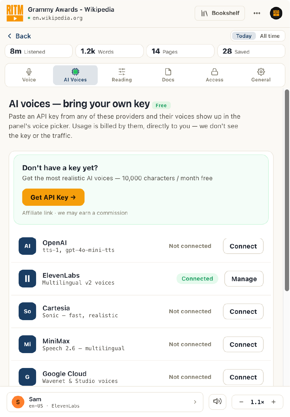 AI voices settings in Read It To Me: bring your own API key from OpenAI, ElevenLabs, Cartesia, MiniMax or Google Cloud