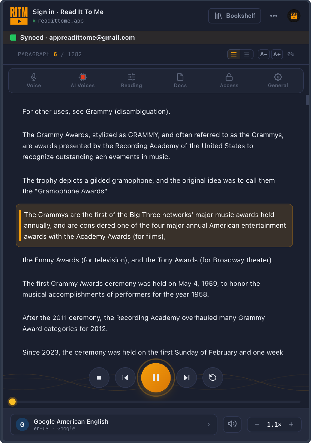 Read It To Me panel in dark theme, reading with a saved passage highlighted