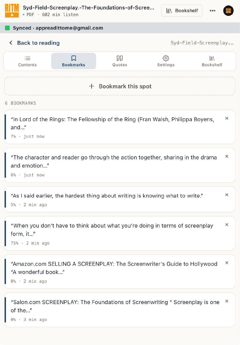Bookmarks tab in the Read It To Me panel: six saved spots, each with the sentence you stopped on and how far into the book you were
