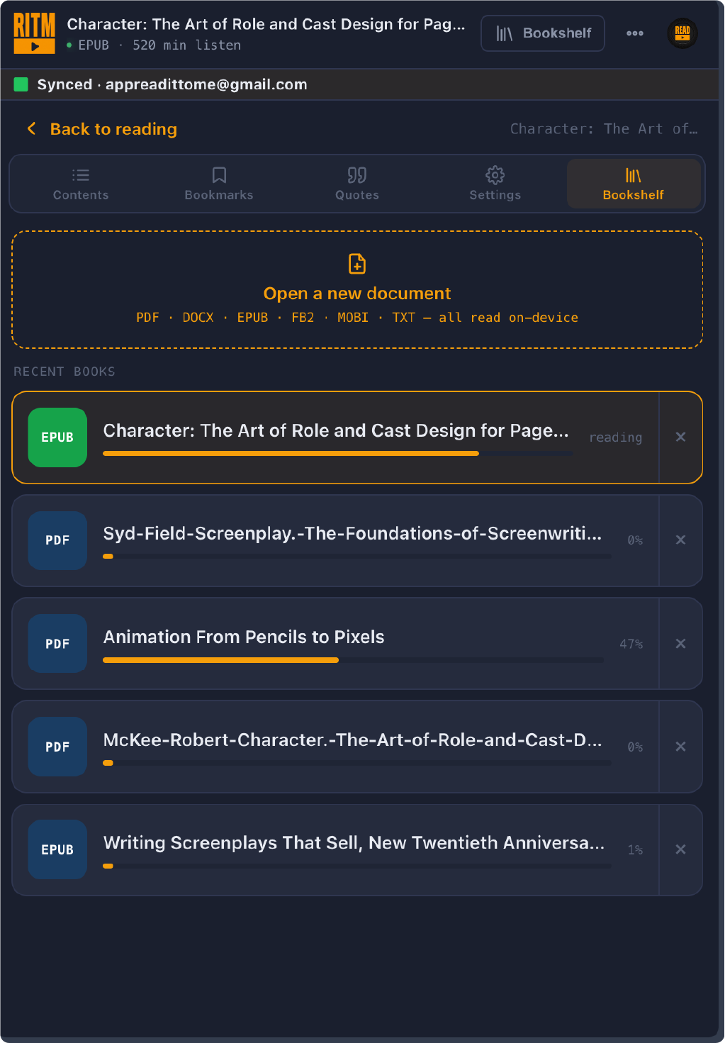The Read It To Me bookshelf in dark theme, listing the books you have open
