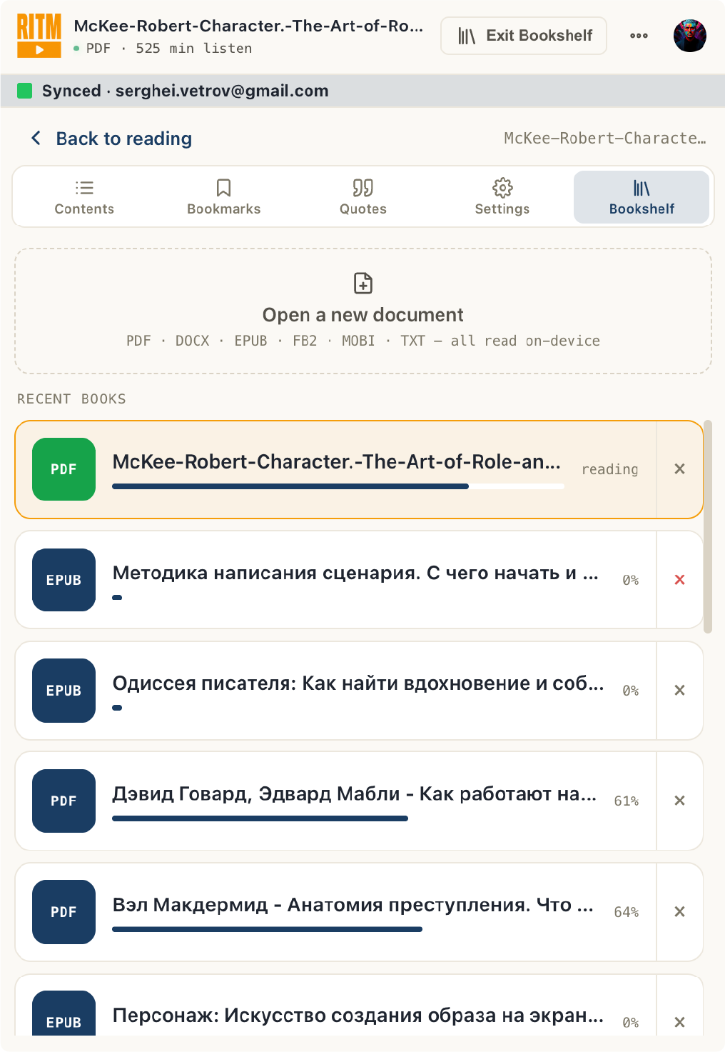The same bookshelf in light theme, listing the books you have open with your progress in each