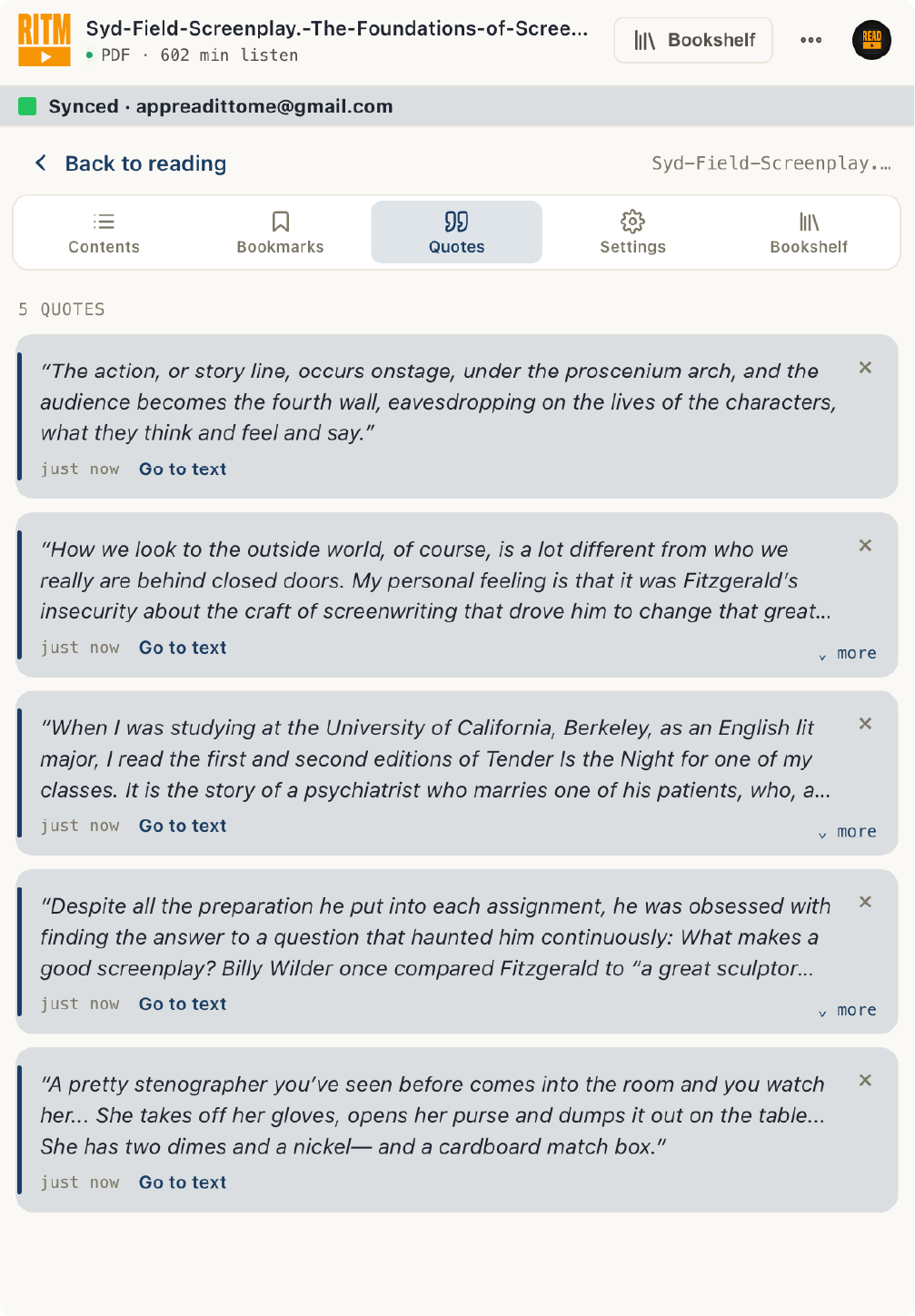 Quotes tab in the Read It To Me panel showing five saved passages, each with a Go to text link back to its place in the book