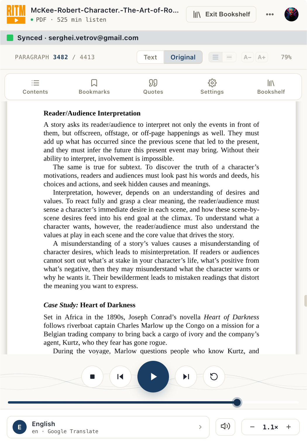 Read It To Me side panel reading a PDF aloud, with the current paragraph highlighted and playback controls at the bottom