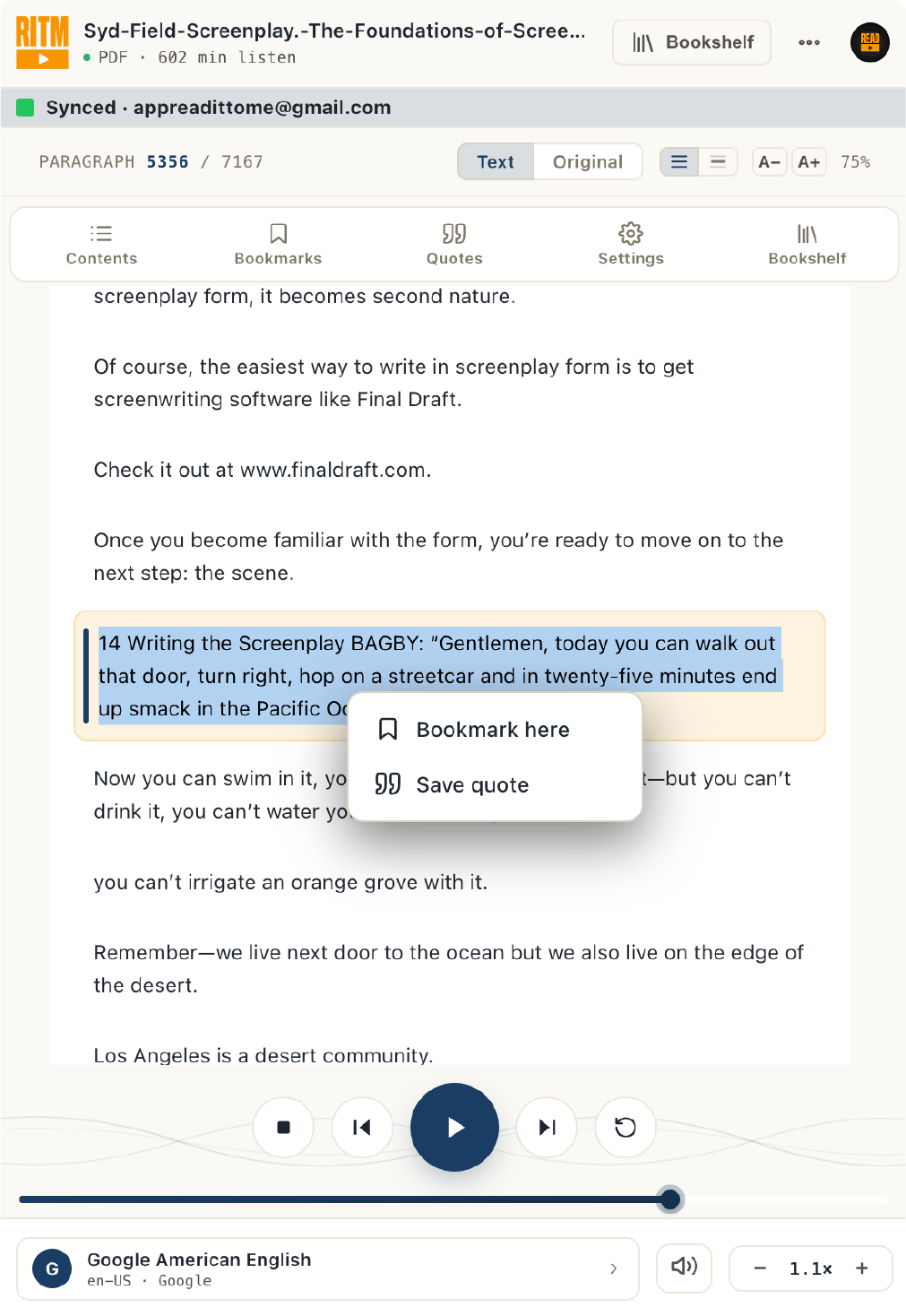 Read It To Me panel showing the Bookmark here and Save quote menu over a highlighted line