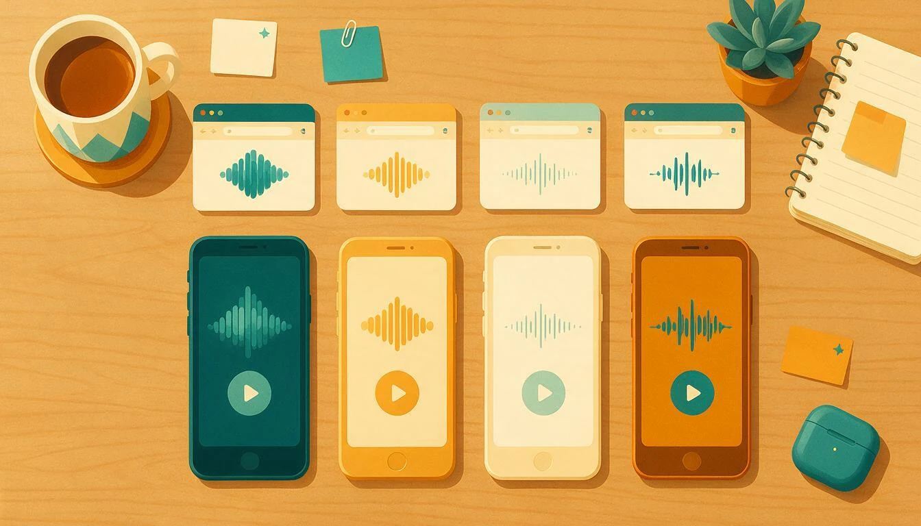 Four browser windows and phones showing audio waveforms